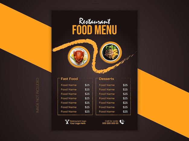 Diseño de menú de comida o plantilla de diseño de volante en color oscuro Diseño de Menú de comida de restaurante de tamaño A4