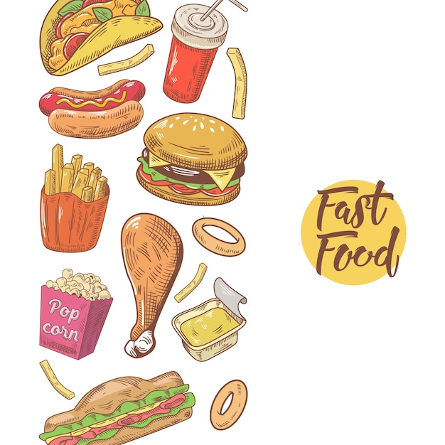 Vector diseño de menú dibujado a mano de comida rápida con hamburguesa