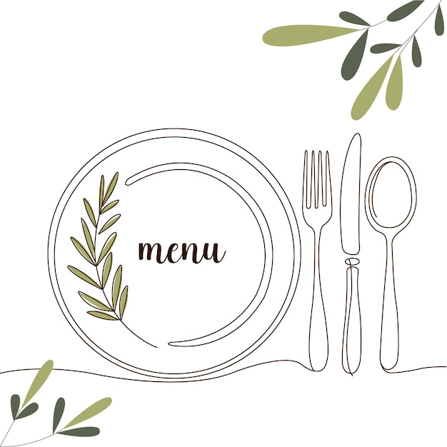 Diseño de menú minimalista con cubiertos y rama de olivo