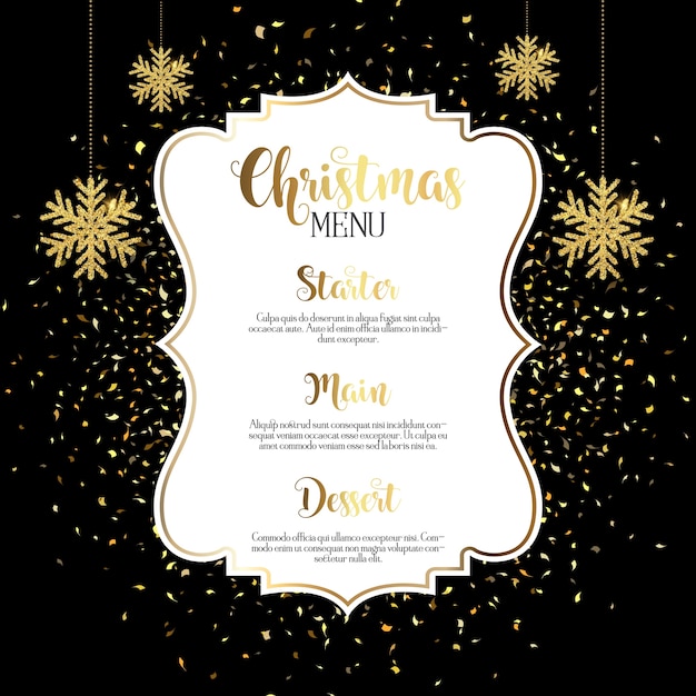 Diseño de menú de Navidad con confeti de oro
