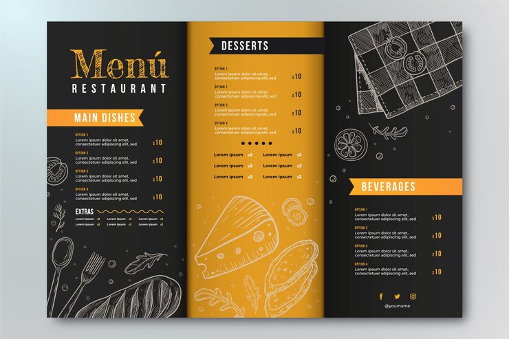 Vector diseño de menú tríptico dibujado a mano