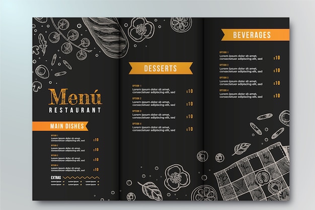 Diseño de menú tríptico dibujado a mano