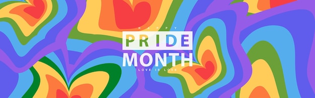 Diseño del mes del orgullo con fondo de color arco iris de corazones en estilo de dibujos animados