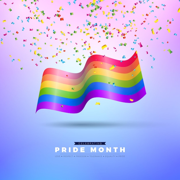 Diseño del Mes del Orgullo LGBTQ con Bandera Arcoíris y coloridos confeti caídos sobre un fondo rosa