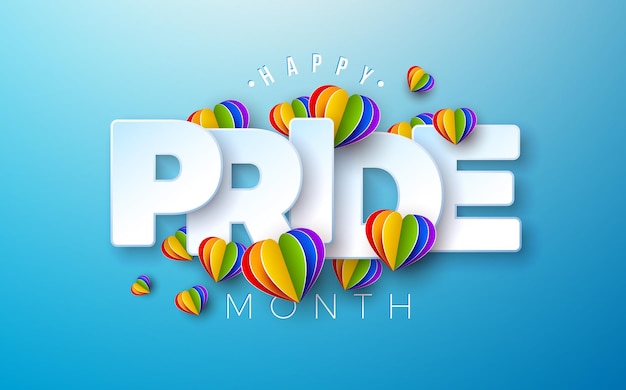 Diseño del Mes del Orgullo LGBTQ con corazones de papel de color arco iris y etiqueta de texto blanco en fondo azul