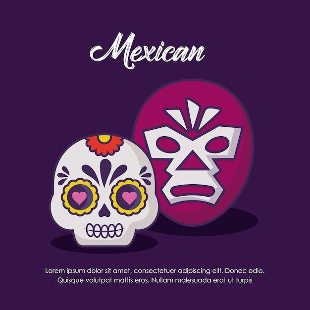 Diseño mexicano con máscara de lucha y calavera de azúcar