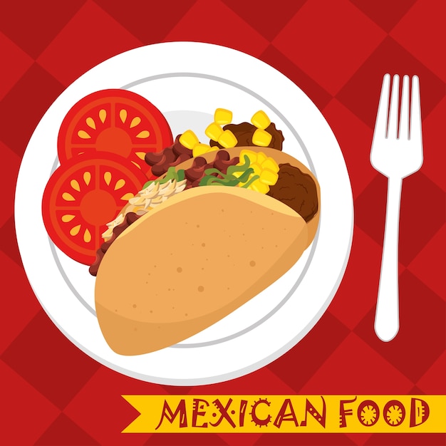 Vector diseño mexicano de tacos de dibujos animados y comida de tomate