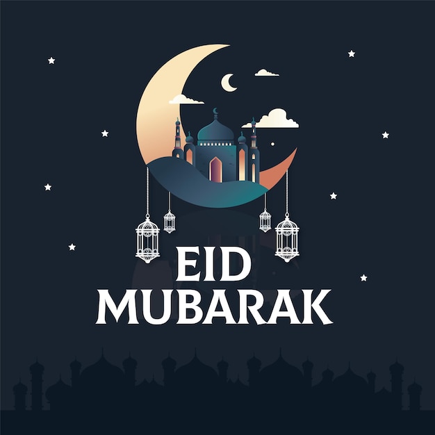 Diseño de la mezquita de la luna de eid mubarak Vector Premium