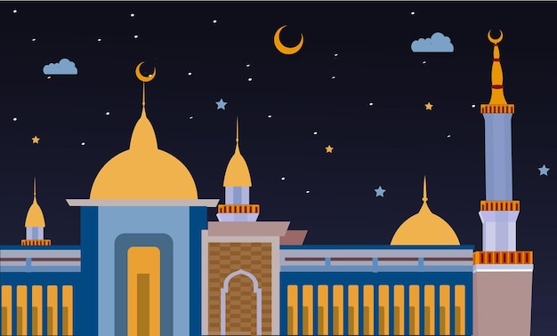 Diseño de mezquita sobre fondo nocturno con luna y estrellas