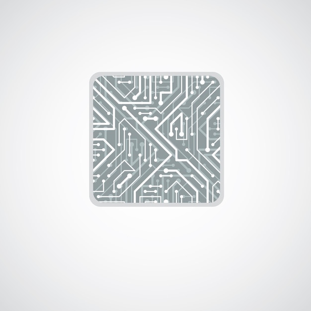 Diseño de microchip vectorial, cpu. Elemento de tecnología de la comunicación de la información, placa de circuito en forma de cuadrado.