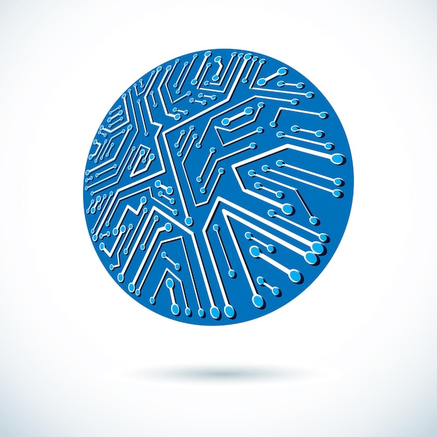 Diseño de microchip vectorial, cpu. Elemento de tecnología de comunicación de la información, placa de circuito en forma redonda.