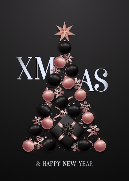 Diseño minimalista de árbol de Navidad con decoraciones de oro rosa en b