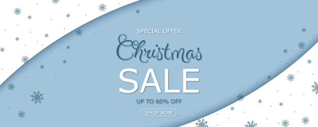 Diseño minimalista de banner de venta de Navidad en fondo azul con copos de nieve