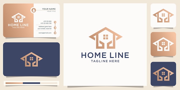 Diseño minimalista de estilo de arte de línea de hogar abstracto. Casa de lujo de oro con combinación de concepto de flecha, icono para empresa comercial, icono y plantilla de vector de tarjeta de visita. vector premium