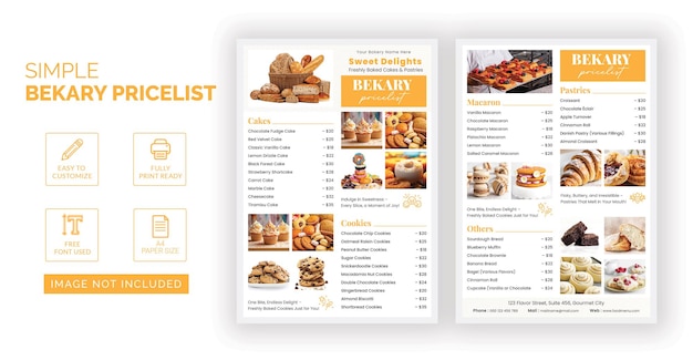 Diseño minimalista de la lista de precios de las pastelerías