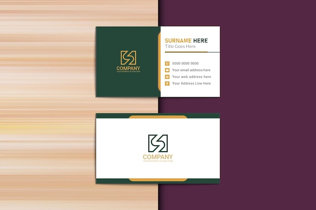 Diseño minimalista moderno de tarjetas de visita doradas y verdes.