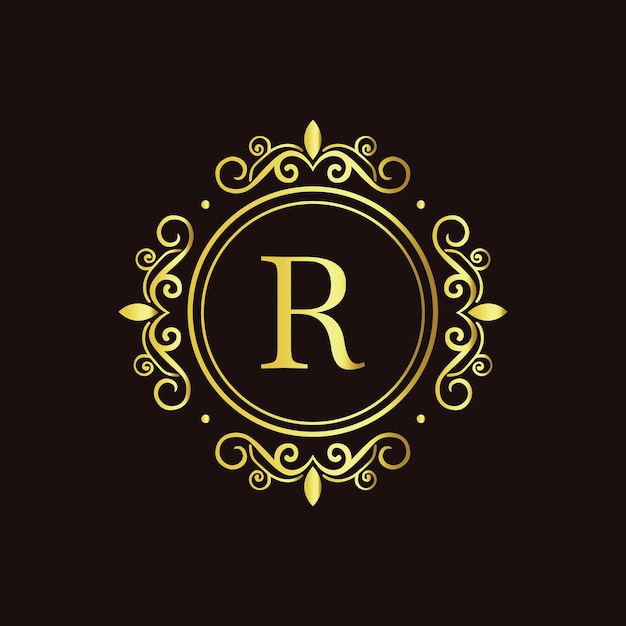 Diseño minimalista de monograma de letra R dorada con elegante marco floral sobre un fondo negro oscuro