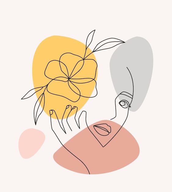 Diseño minimalista de mujer hermosa y hoja en un elegante estilo de arte lineal a