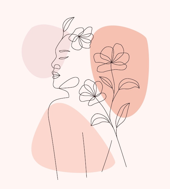 Diseño minimalista de mujer hermosa y hoja en un elegante estilo de arte lineal a