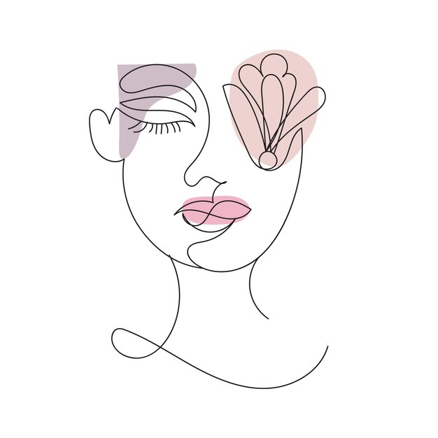 Diseño minimalista de mujer hermosa y hoja en un elegante estilo de arte lineal a