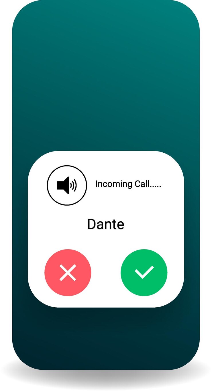Vector un diseño minimalista de notificación de llamadas entrantes con botones claros de aceptación y rechazo con una tarjeta blanca limpia en un fondo azulado