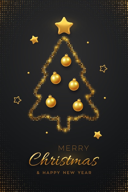 Diseño minimalista de tarjeta de felicitación de Navidad con árbol de Navidad dorado abstracto, adorno de bolas y estrellas doradas.