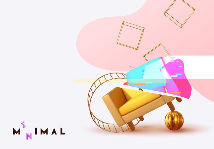 Vector diseño mínimo abstracto con objetos 3d realistas. composición interior de sillones modernos y formas geométricas doradas. afiche creativo, pancarta. ilustración vectorial