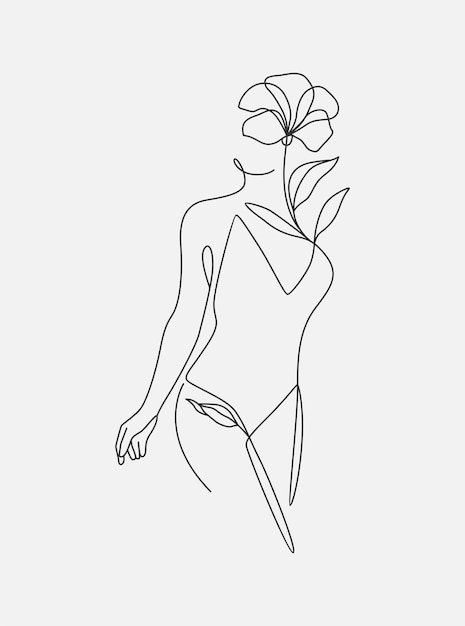 Vector diseño mínimo de hermoso cuerpo femenino en bikini y estilo de flor de una línea dibujando línea femenina