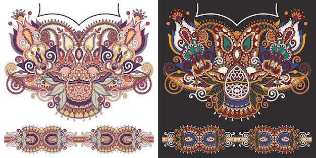 Diseño de moda de bordado de escote para imprimir en la ilustración de vector de patrón floral étnico de tela
