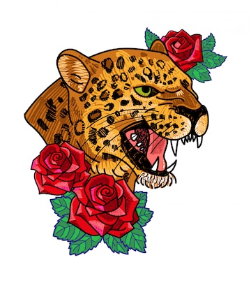 Diseño de moda estampado de parche o pegatina para ropa camiseta sudadera  bomber con salvajes cabezas de leopardo enojado, serpiente rosa, frase de  tendencia, flores rosas icono de moda moderna para la