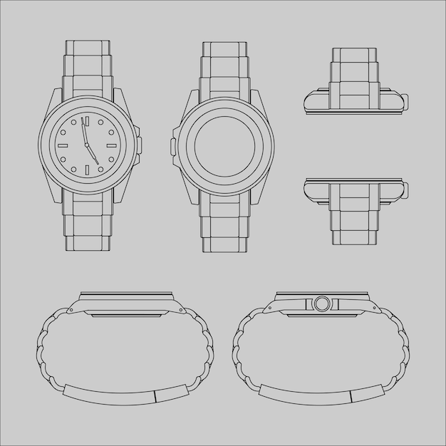 Diseño de modelo de reloj exclusivo desde la parte delantera, trasera, superior, inferior y lateral.