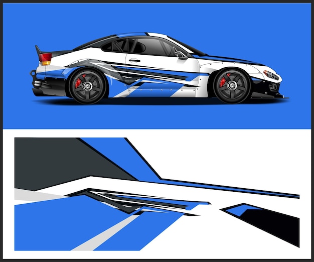 Diseño moderno de automóviles deportivos con gráficos azules y blancos