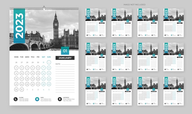 Diseño moderno de calendario de pared para el año nuevo 2023 en estilo empresarial