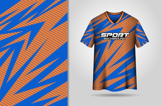 Diseño moderno de camiseta deportiva con patrón abstracto azul y naranja
