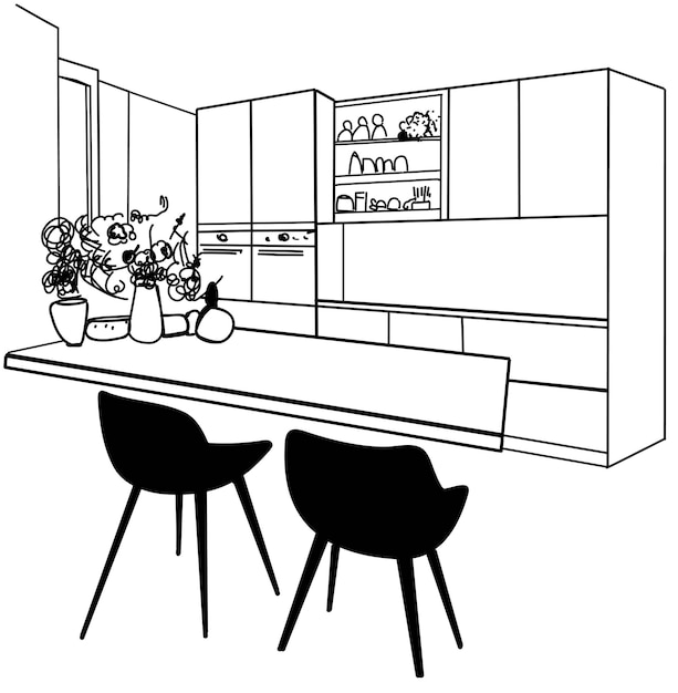 Diseño moderno de la cocina Proyecto de interior de la cocina Mobiliario de la cocina Habitación simple en un estilo lineal