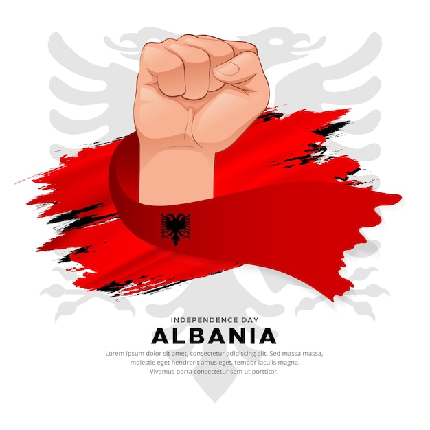 Diseño moderno del día de la independencia de Albania con bandera ondeante y vector de mano de gesto de puño