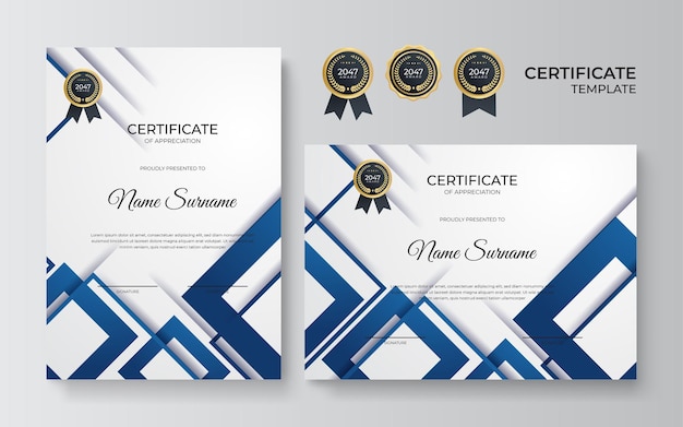 Diseño moderno y elegante de plantilla de certificado de diploma azul y dorado. plantilla de borde de certificado de logro azul y dorado con insignia de lujo y patrón de línea moderno. para premios, negocios y educación.