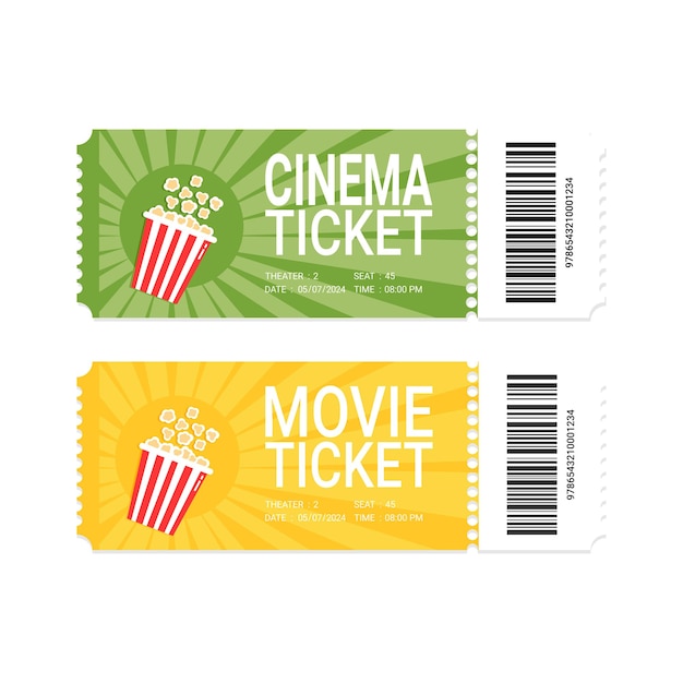 Diseño moderno de entradas de cine o cine con cubo de palomitas de maíz Vista frontal realista