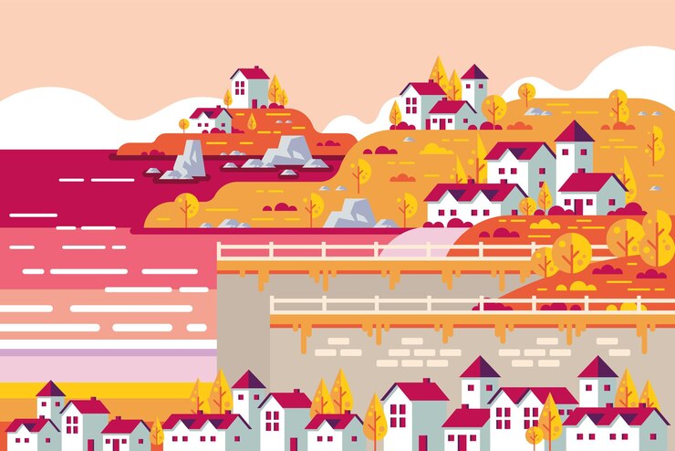 Vector diseño moderno de hermosos paisajes vectoriales con ilustración de árboles en casa, río