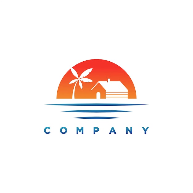 Diseño moderno de ilustración de logotipo de puesta de sol y cabañas