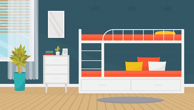 Vector diseño moderno de interiores de habitaciones para adolescentes o estudiantes con literas y cómoda. apartamento acogedor diseño de interiores. ilustración de estilo plano