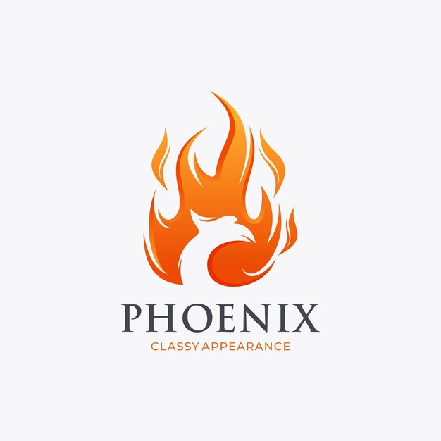 Diseño moderno de logotipo de cabeza de ave fénix y llama de fuego