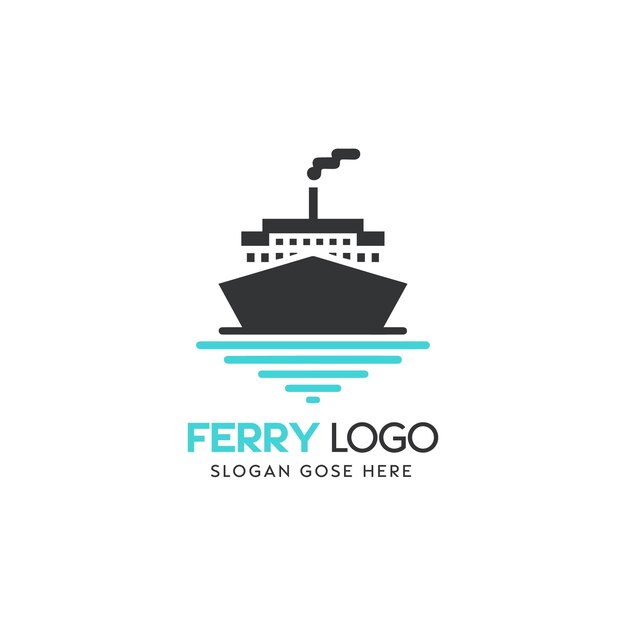 Diseño moderno del logotipo del ferry con ilustración del barco y el eslogan del marcador de lugar