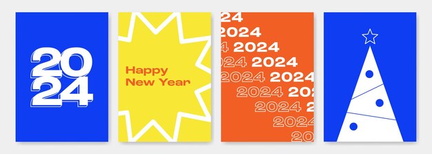 Diseño moderno minimalista y colorido de Feliz Año Nuevo 2024 para pancartas, carteles de felicitación
