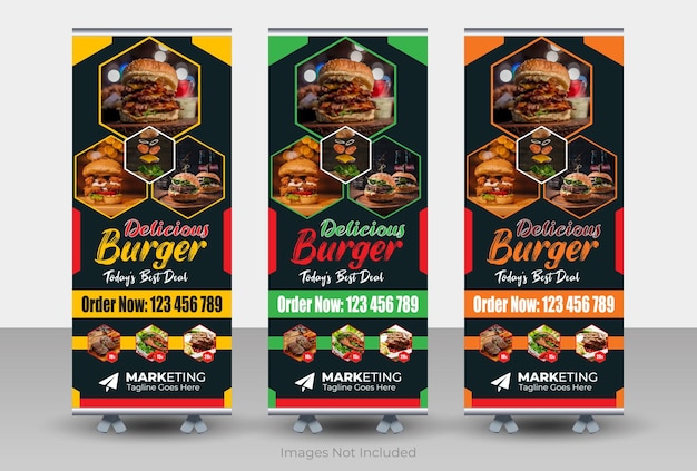 Vector diseño moderno de pancartas enrollables de alimentos para restaurante, plantilla de diseño de pancartas enrollables de alimentos y restaurantes