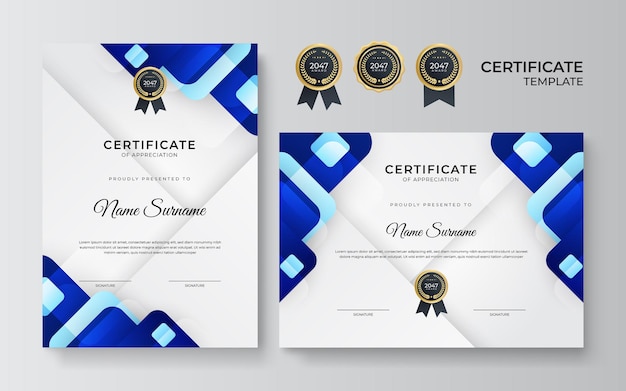 Diseño moderno de plantilla de certificado azul y dorado para negocios y premio por logros con insignia de oro