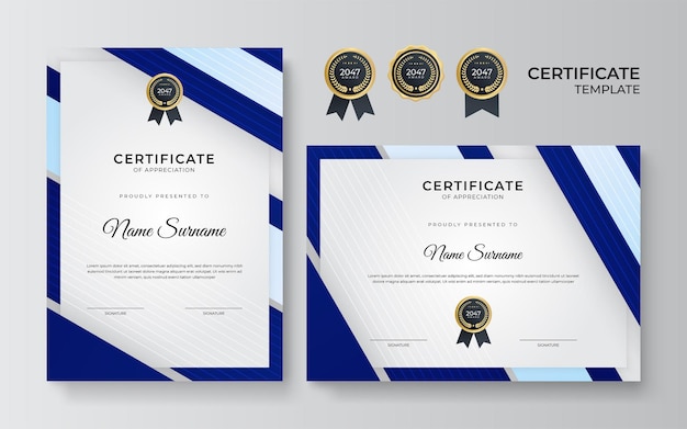 Diseño moderno de plantilla de certificado azul y dorado para negocios y premio por logros con insignia de oro