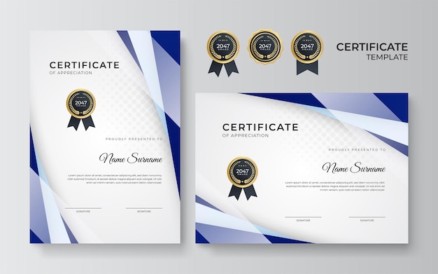 Diseño moderno de plantilla de certificado azul y dorado para negocios y premio por logros con insignia de oro
