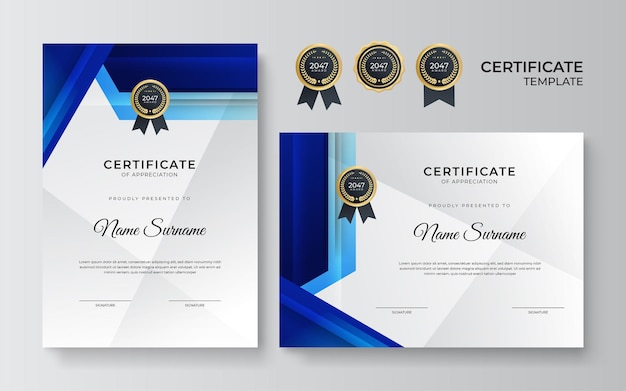 Diseño moderno de plantilla de certificado azul y dorado para negocios y premio por logros con insignia de oro