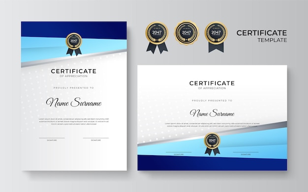 Diseño moderno de plantilla de certificado azul y dorado para negocios y premio por logros con insignia de oro